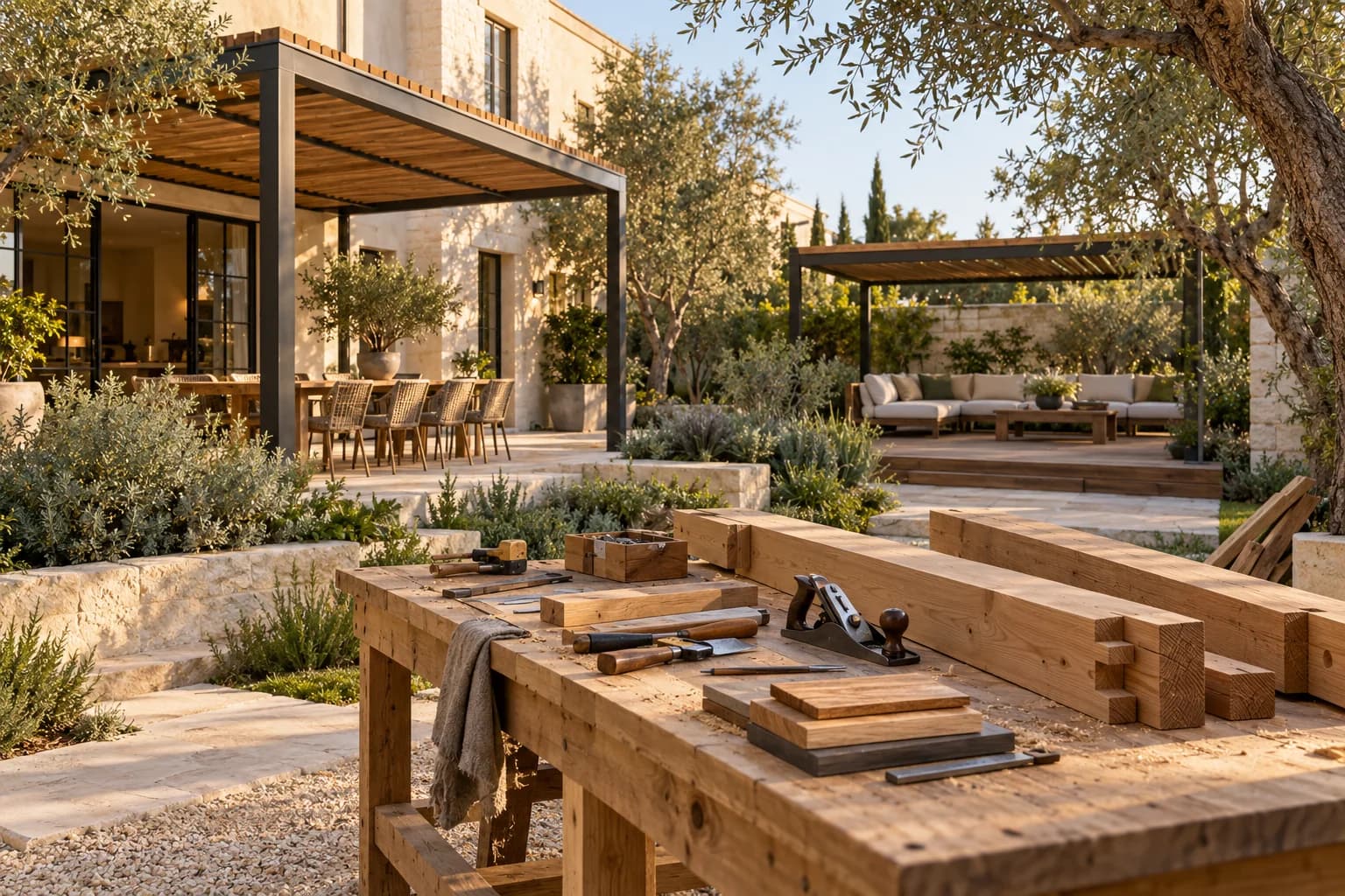 שולחן נגרות עם כלי עבודה וקורות עץ בחצר עם פינות ישיבה