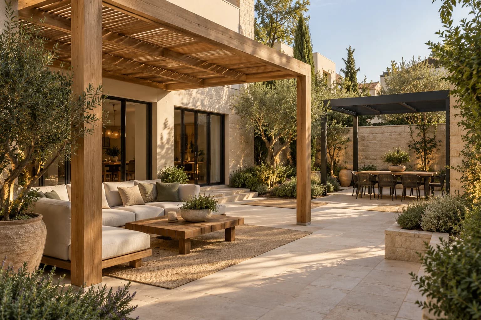פרגולת עץ בחזית ופרגולת אלומיניום כהה מעבר לגינה