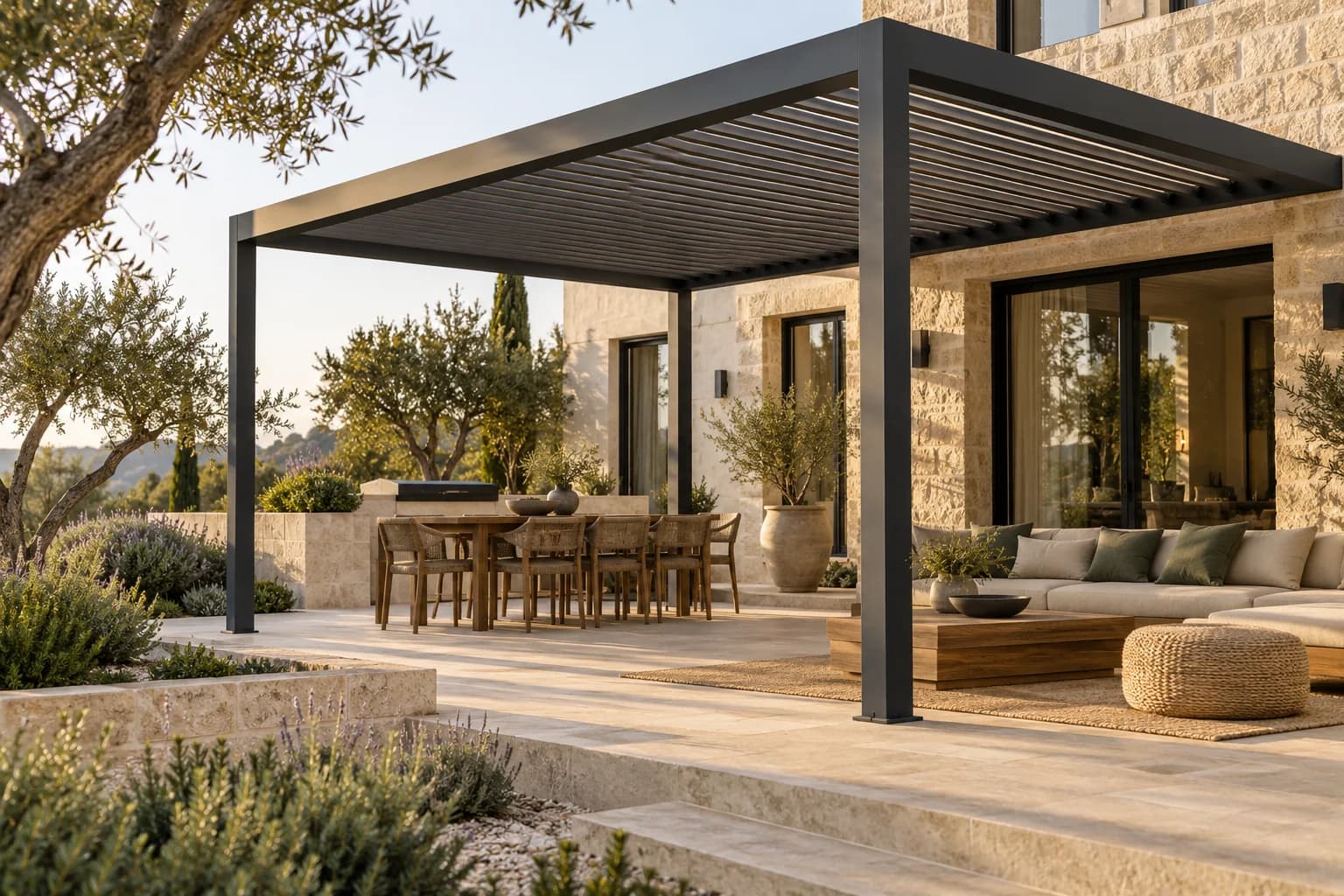 פרגולת אלומיניום כהה המגדירה אזור אוכל בצד החצר