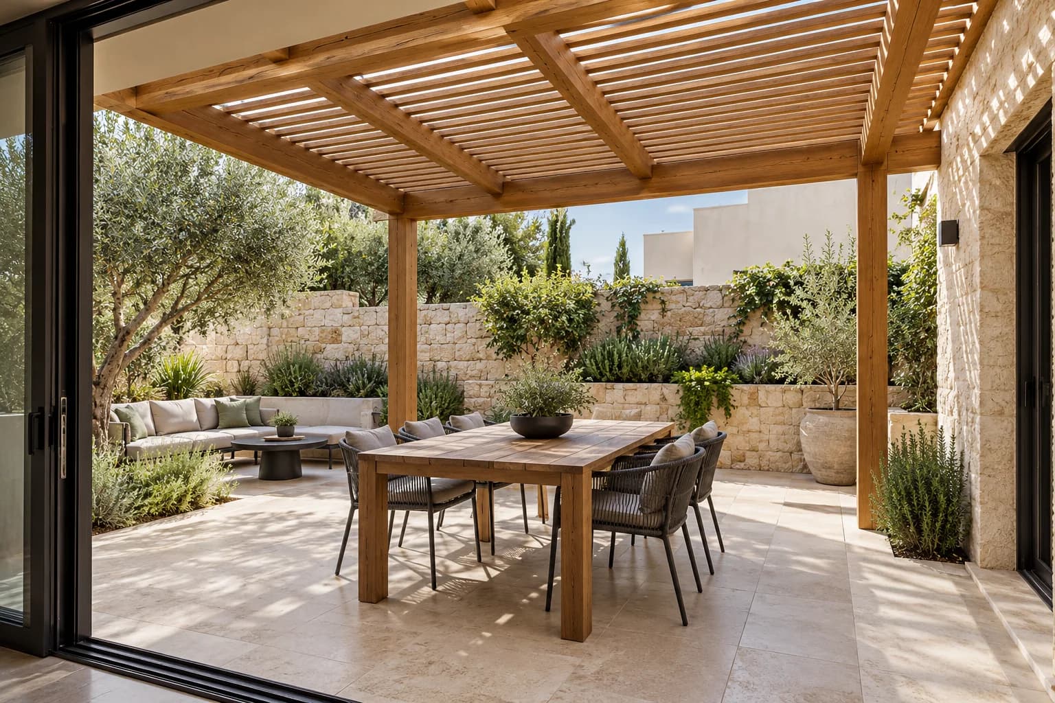 פרגולת עץ מעל שולחן עגול בחצר קטנה ומרוצפת