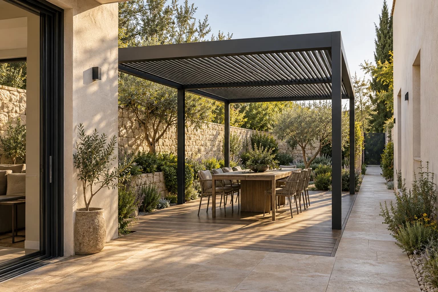 מסגרת אלומיניום מעל אזור ישיבה לאורך מעבר בחצר